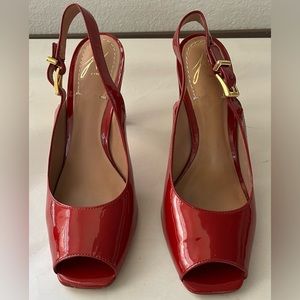 J Vincent Patent Leather Open Toe Slingback Cherry Red High Heel Sandals